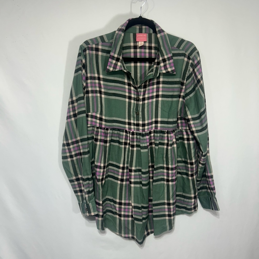 Maternity top- Green Plaid Button-Up Shirt